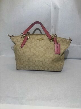 Coach Beige Signature Canvas Satchel with Pink Leather Handles